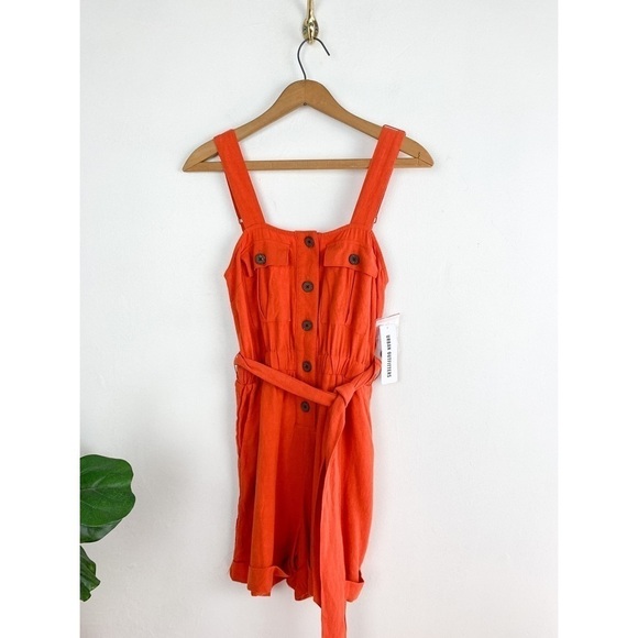 NWT Urban Outfitters Linen Blend Orange Button Front Tie Waist Romper Sz S - Picture 1 of 11